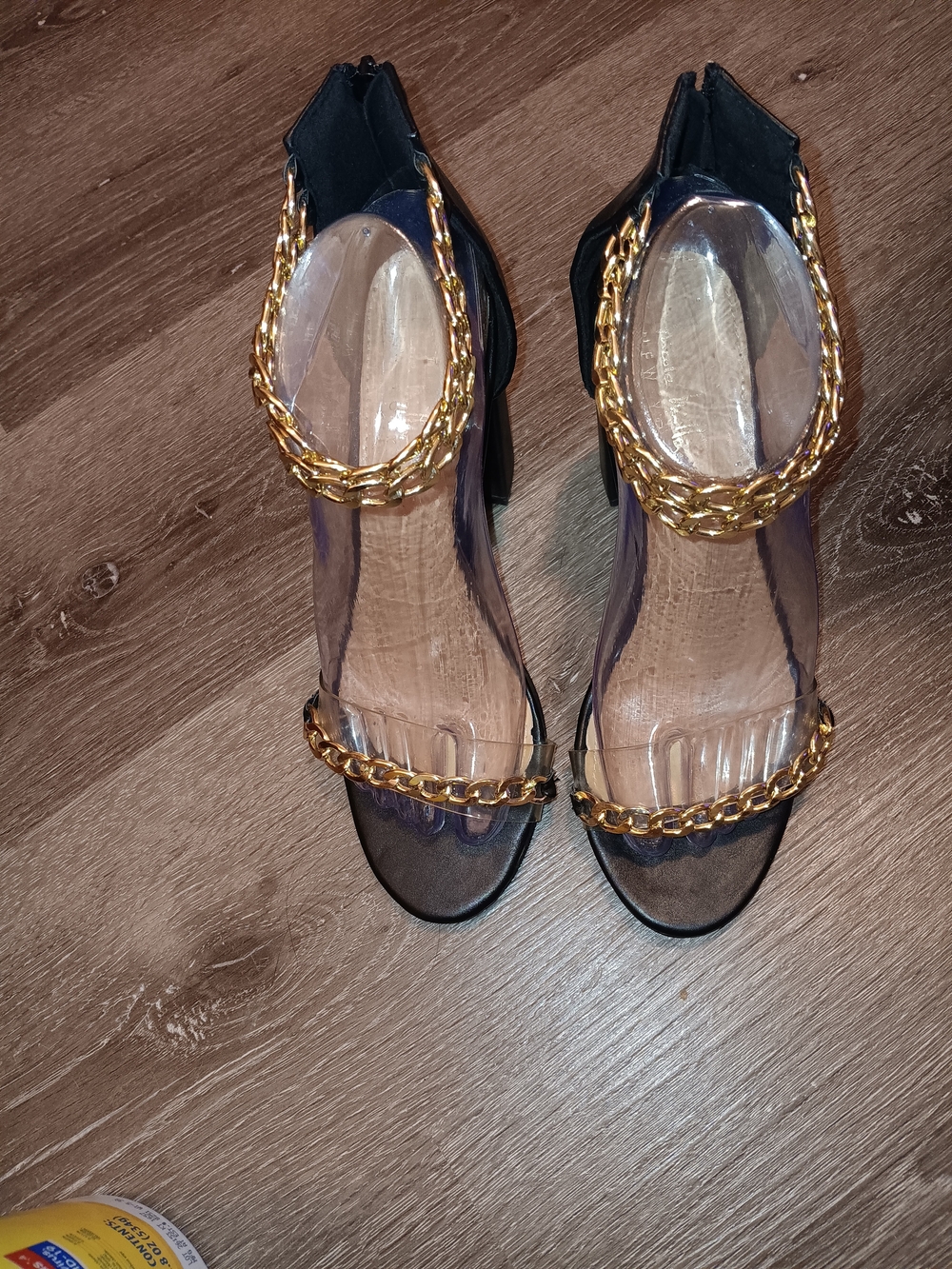 Nicole Miller GUC Black Heels with Clear PVC Straps and Gold Chain Detail